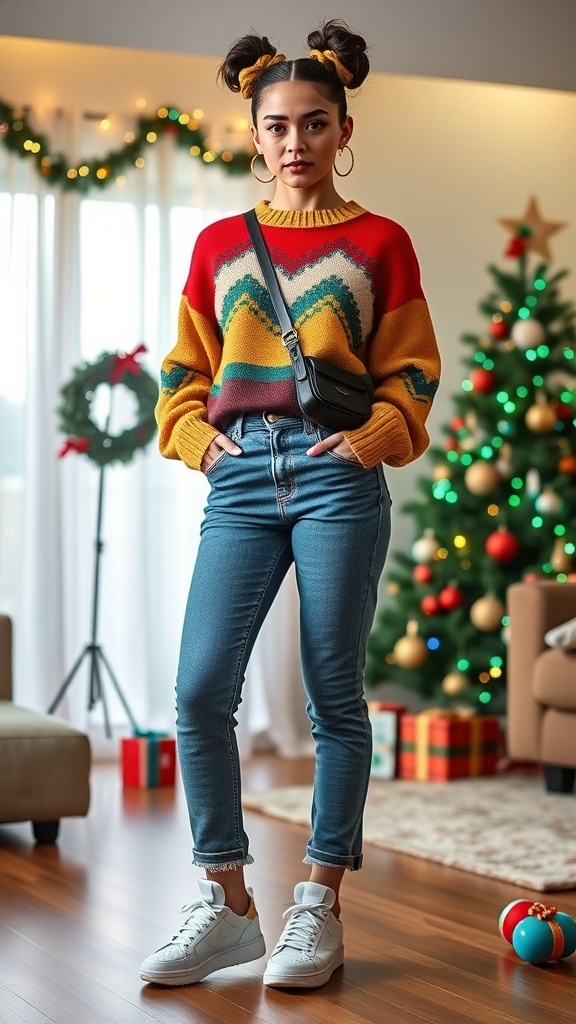 A fashionable 90s Christmas Day outfit with colorful sweater, jeans, and accessories in a festive setting.